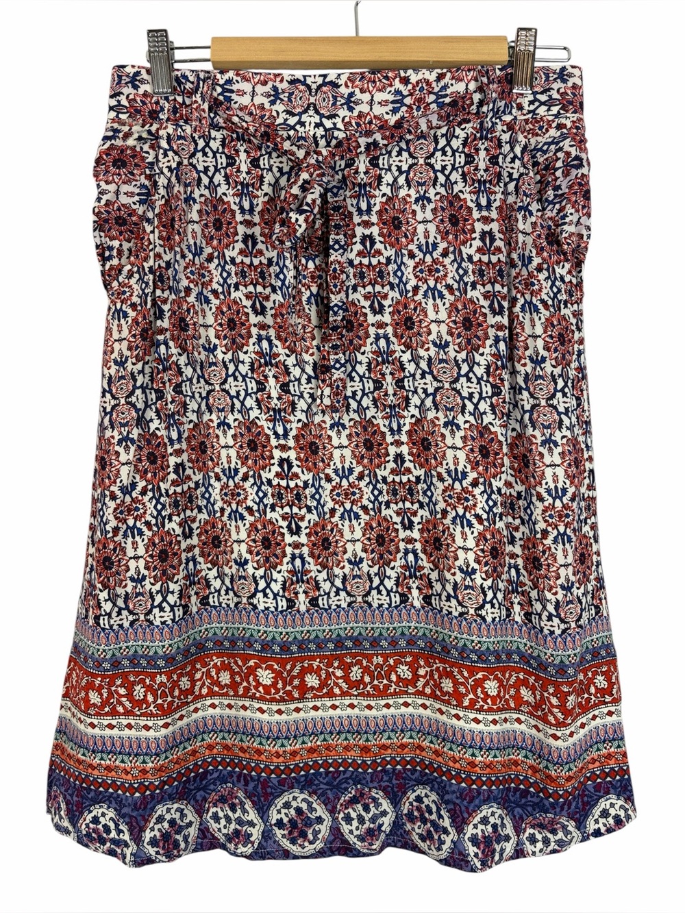 Luna Moon Boho Border Print Midi Skirt Size Large Tie Waist Lined Rayon NWT